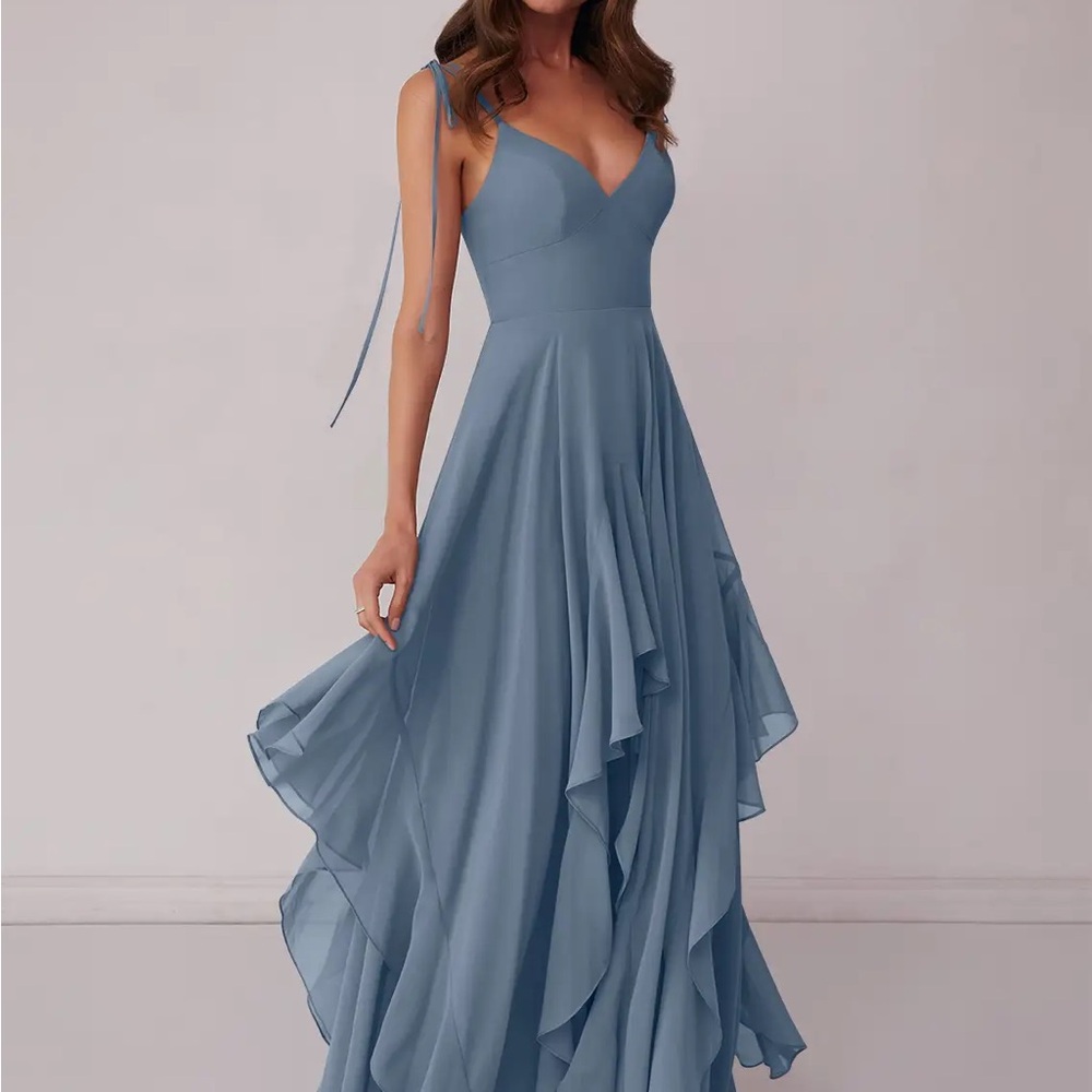 Azazie Blue Asymmetrical Ruffled Maxi Dress